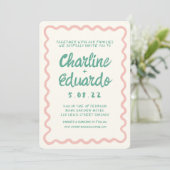 Retro Wavy Pink und Green Handwriting Wedding Einladung (Stehend Vorderseite)