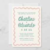 Retro Wavy Pink und Green Handwriting Wedding Einladung (Vorderseite)