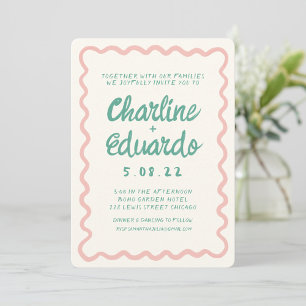 Retro Wavy Pink und Green Handwriting Wedding Einladung