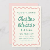 Retro Wavy Pink und Green Handwriting Wedding Einladung