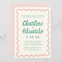 Retro Wavy Pink und Green Handwriting Wedding Einladung