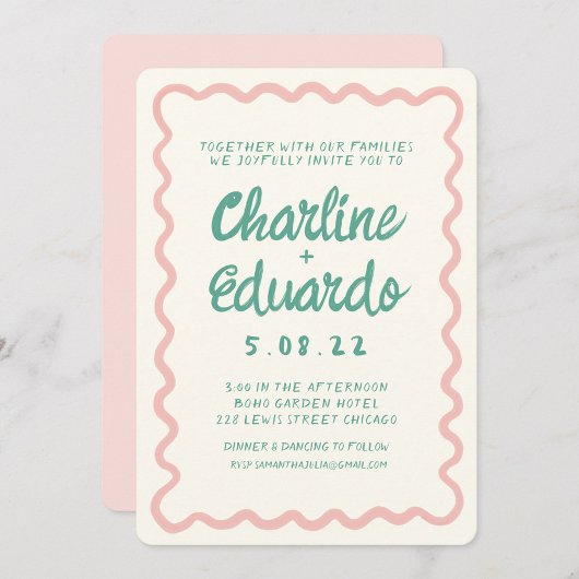 Retro Wavy Pink und Green Handwriting Wedding Einladung