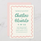 Retro Wavy Pink und Green Handwriting Wedding Einladung