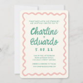 Retro Wavy Pink und Green Handwriting Wedding Einladung (Vorderseite)