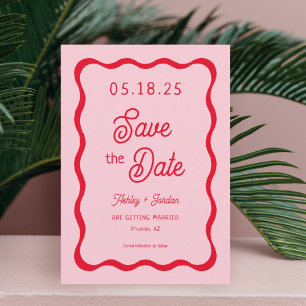 Retro Wavy Pink und Red Wave Wedding Save The Date