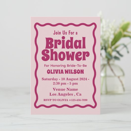 Retro Wavy Pink Wave Curve Modernes Brautparty Einladung (Stehend Vorderseite)