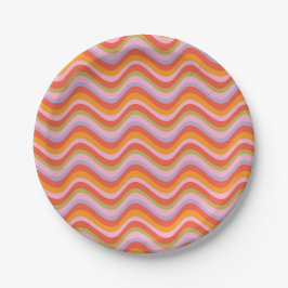 Retro Wavy Stripes in Orange, Rosa und Grün Pappteller
