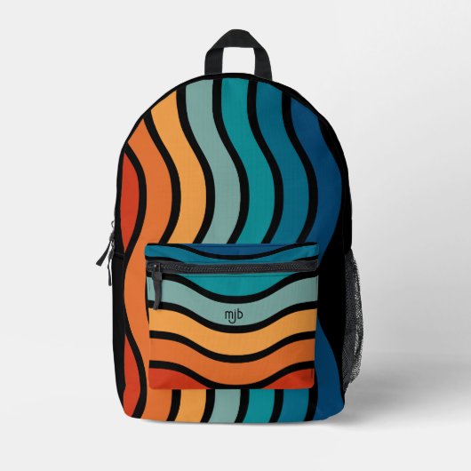Retro Wavy Stripes Muster mit Monogramm Initialen Bedruckter Rucksack (Vorderseite)