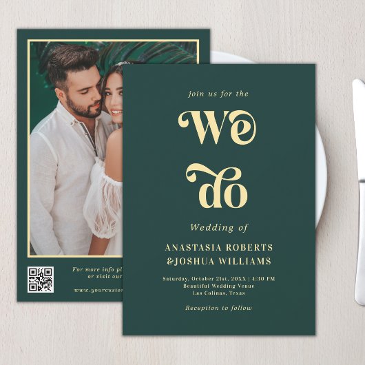 Retro We Do Emerald Green & Gold QR Code Wedding Einladung