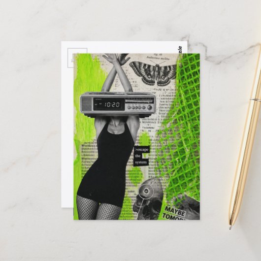 Retro-Wecker-Dame Collage Postkarte (Vorderseite/Rückseite Beispiel)