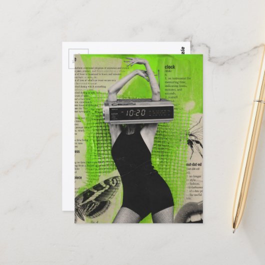 Retro-Wecker-Personen-Collage Postkarte (Vorderseite/Rückseite Beispiel)