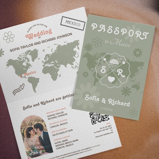 Retro Wedding Destination Passport Karte QR Code