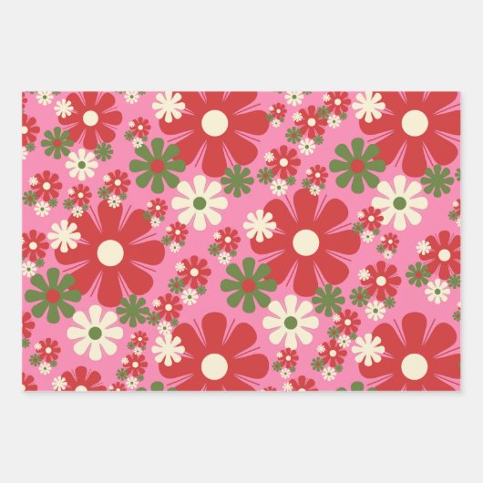Retro Weihnachten Blume 60er 70er Floral auf Rosa Geschenkpapier Set (Vorderseite 2)