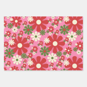 Retro Weihnachten Blume 60er 70er Floral auf Rosa Geschenkpapier Set