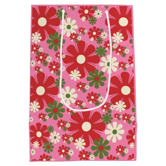 Retro Weihnachten Blume 60er 70er Floral auf Rosa Mittlere Geschenktüte (Rückseite)