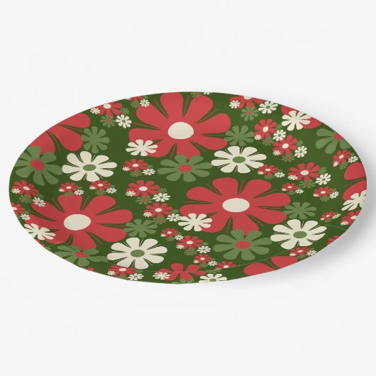 Retro Weihnachten Blume 60er 70er Floral Pattern Pappteller (Schrägansicht)