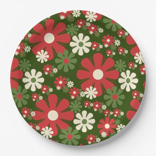 Retro Weihnachten Blume 60er 70er Floral Pattern Pappteller (Vorderseite)