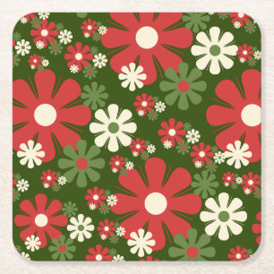 Retro Weihnachten Blume 60er 70er Floral Pattern Rechteckiger Pappuntersetzer