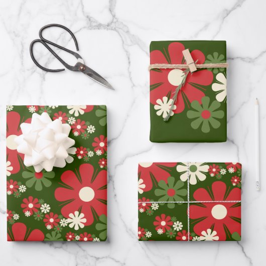 Retro Weihnachten Blume 60er 70er Floral Patterns Geschenkpapier Set (Vorderseite)