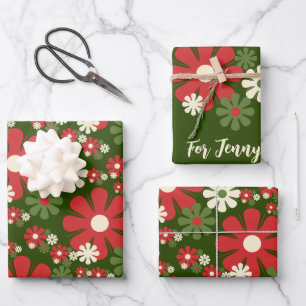 Retro Weihnachten Blume 60er 70er Florals mit Name Geschenkpapier Set
