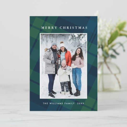 Retro Weihnachten Kariert 2 Foto Gruß (Stehend Vorderseite)