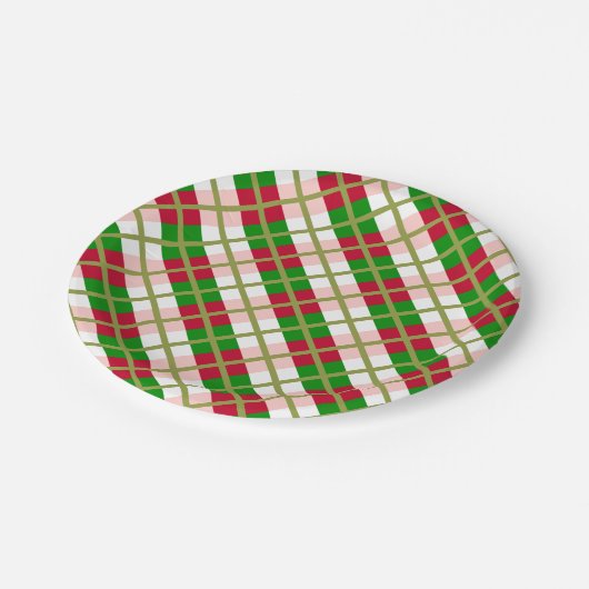 Retro Weihnachten Kariertes Muster Pappteller (Schrägansicht)