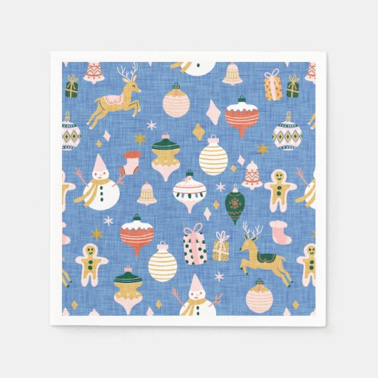 Retro Weihnachten niedliche Ornamente blau Serviette (Vorderseite)