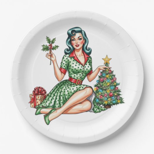 Retro-Weihnachten Pin-Up-Papierteller Pappteller (Vorderseite)