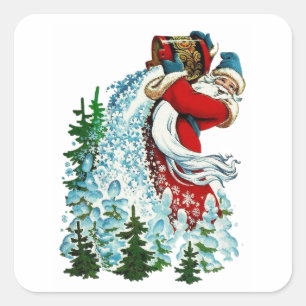 Retro-Weihnachten Santa macht Schnee mit Eimer Quadratischer Aufkleber