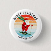 Retro Weihnachten Sonnenuntergang Skifahren Santa Button (Vorderseite)