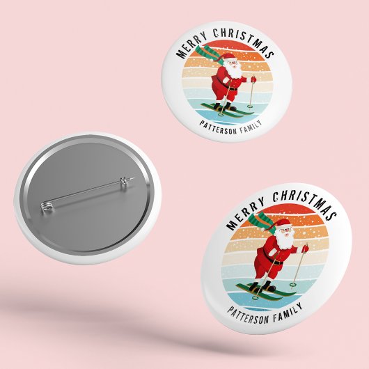 Retro Weihnachten Sonnenuntergang Skifahren Santa  Button
