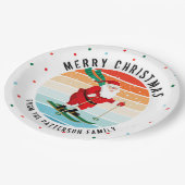Retro Weihnachten Sonnenuntergang Skifahren Santa  Pappteller (Schrägansicht)