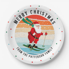 Retro Weihnachten Sonnenuntergang Skifahren Santa  Pappteller