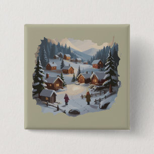 Retro-Weihnachten Winterdorf 90er Berge Bäume Button
