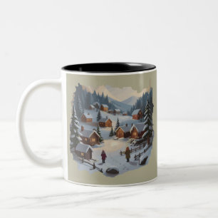 Retro-Weihnachten Winterdorf 90er Berge Bäume Zweifarbige Tasse