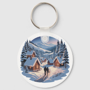 Retro-Weihnachten-Winterdorf-Sweatshirt, 90er Schlüsselanhänger