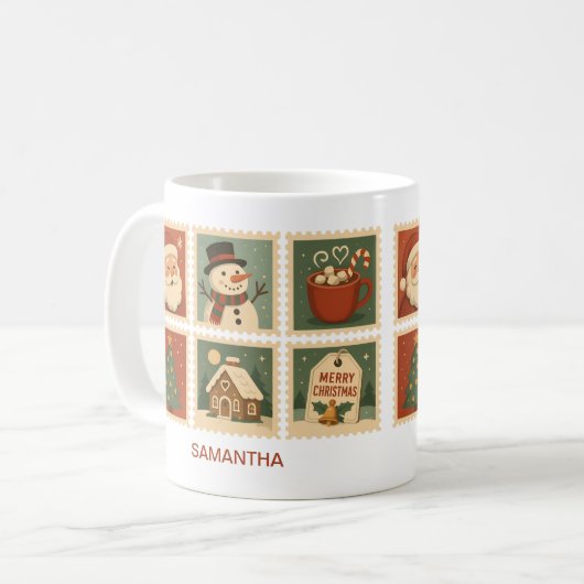 Retro Weihnachts-Briefmarke Collage Personalisiert Kaffeetasse (Vorderseite Links)