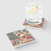 Retro Weihnachts-Button auf Steinuntersetzer (Seitenansicht)