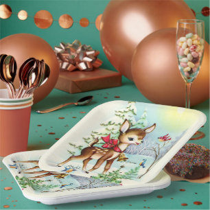 Retro-Weihnachts-Hirsch-Feierparty Pappteller