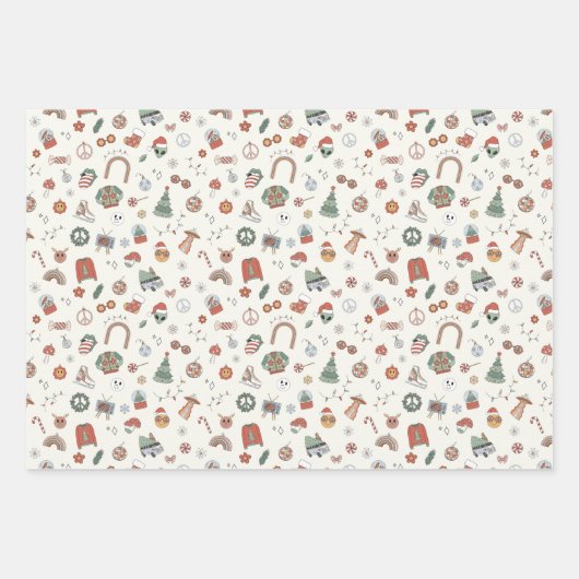 Retro Weihnachts Icons Wrapping Paper Geschenkpapier Set (Vorderseite)