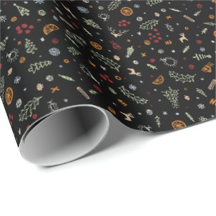 Retro-Weihnachts-Kritzeleien in reinem Schwarz Geschenkpapier