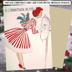 Retro-Weihnachts-Lady in Rot mit Feiertagskarte