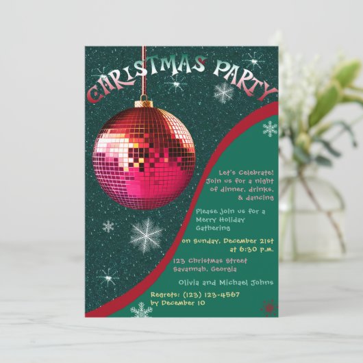 Retro Weihnachts-Party Einladung Grün und Rot (Stehend Vorderseite)