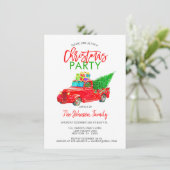 Retro Weihnachts Party Pick-up Truck Tree Red Gree Einladung (Stehend Vorderseite)