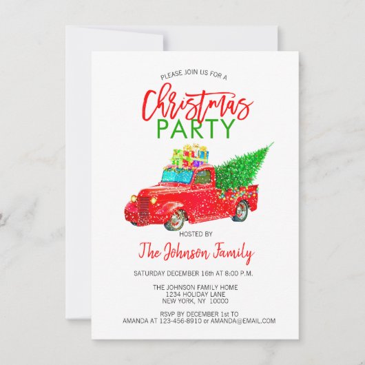 Retro Weihnachts Party Pick-up Truck Tree Red Gree Einladung (Vorderseite)