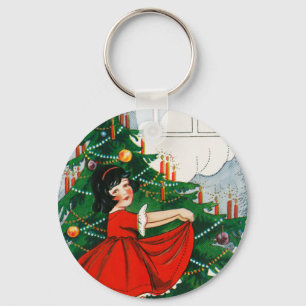 Retro-Weihnachts-Postkarte, Kind und Weihnachtsbau Schlüsselanhänger