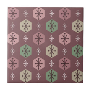 Retro Weihnachts-Schneeflocken Rot Gold Fliese