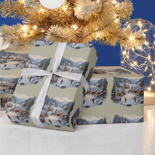 Retro Weihnachts Winter Village 90er Bergbauten Geschenkpapier (Feiertage)