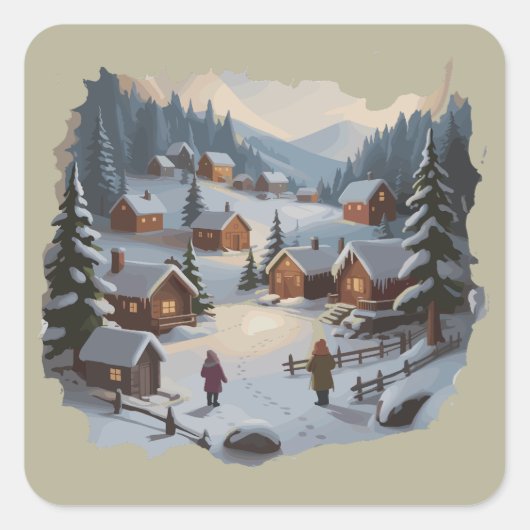 Retro Weihnachts Winter Village 90er Bergbauten Quadratischer Aufkleber (Vorderseite)