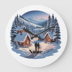 Retro-Weihnachts-Winterdorf   90er Vintage-Berg Große Wanduhr